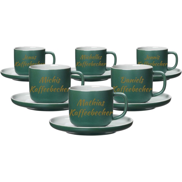 Kaffebecher mit Untertasse Jasper mit gold-gefärbter Gravur 6er Set - Grün