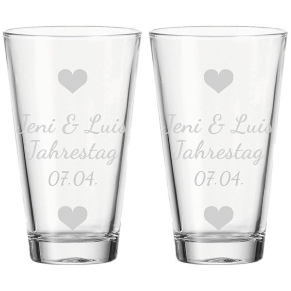 Trinkglas 300 ml mit gefülltem Herzchen-Motiv & Name 2er Set