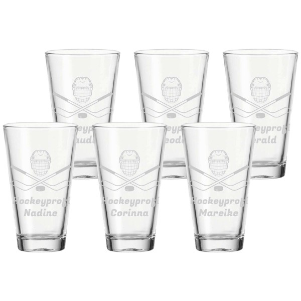 Trinkglas mit Gravur 300 ml Eishockey Helm mit Schläger 6er Set