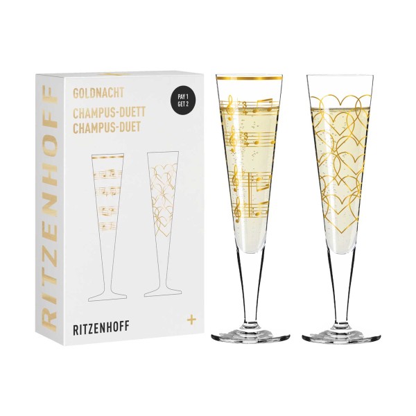 Ritzenhoff Goldnacht Champagnergläser 205 ml 2er Set Herzen & Musik - A