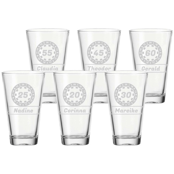 Trinkglas mit Gravur 300 ml Dartscheibe 6er Set