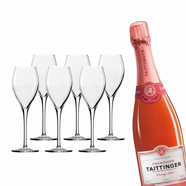 Taittinger Champagner-Set 0,75l Brut Prestige Rosé + 6 Champagnergläser