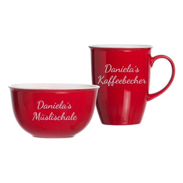 Gravur Doppio Müslischale & Kaffeebecher mit Namen in Silbergravur - Rot
