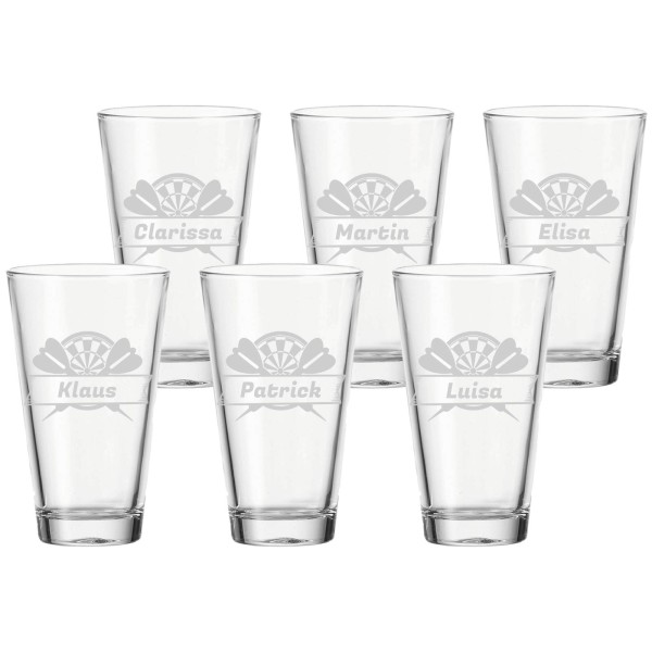 Trinkglas mit Gravur 300 ml Dartscheibe mit Pfeile 6er Set