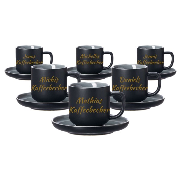Espressotasse mit Untertasse Jasper mit gold-gefärbter Gravur 6er Set - Schwarz