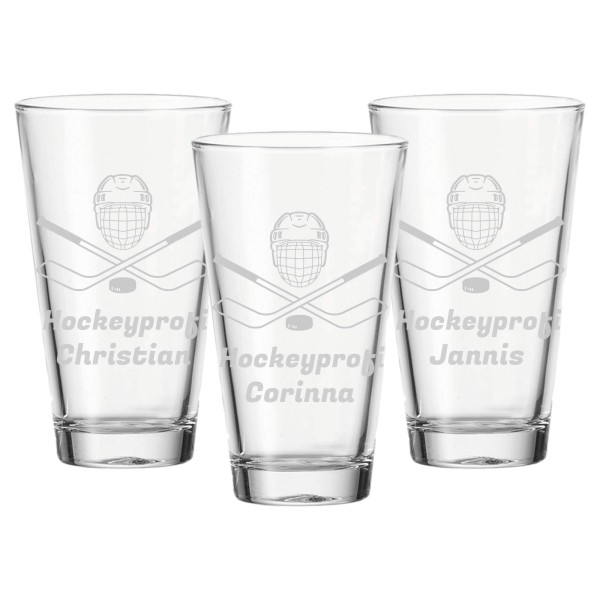 Trinkglas mit Gravur 300 ml Eishockey Helm mit Schläger 3er Set