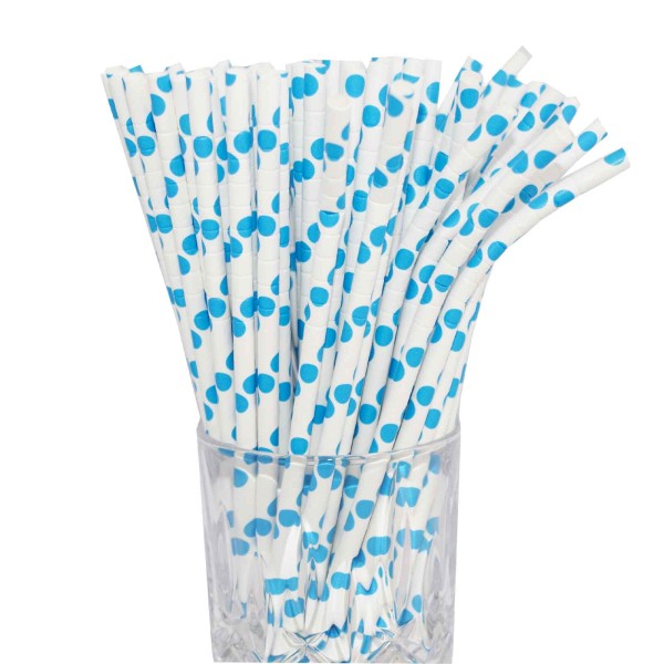 Papier-Trinkhalm hellblau/weiß gepunktet mit Knick 100 Stück