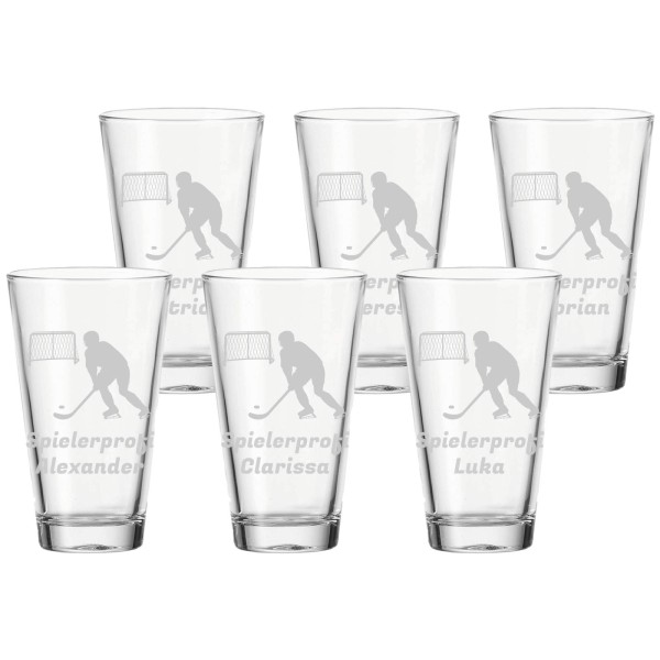 Trinkglas mit Gravur 300 ml Eishockey Spieler 6er Set