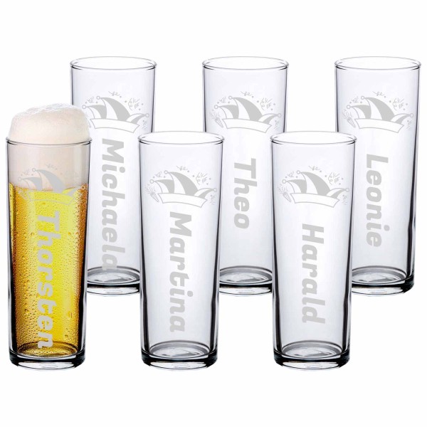 Kölschglas mit Gravur & Karnevalsmotiv - Prinzenmütze 6er Set