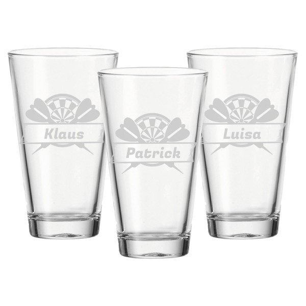 Trinkglas mit Gravur 300 ml Dartscheibe mit Pfeile 3er Set