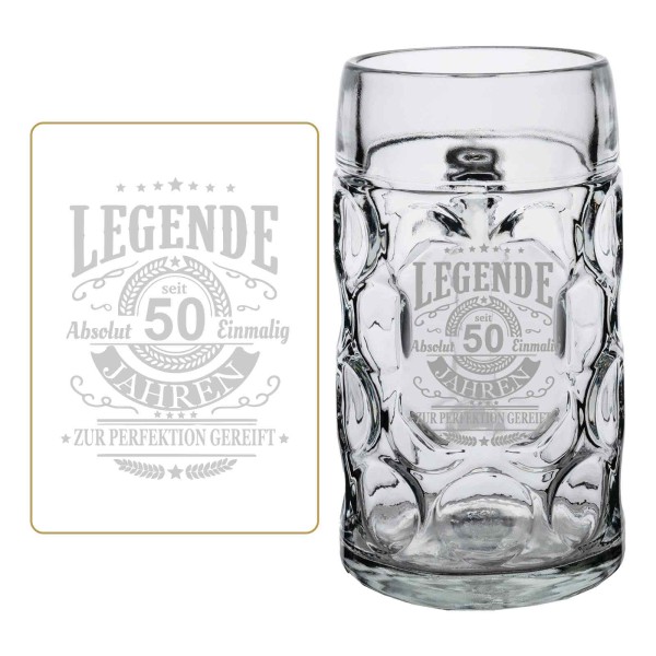 Maßkrug 1,0 l mit Gravur - Legende seit 50 Jahren