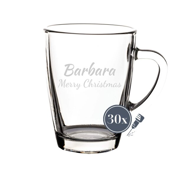 Luxentu - Gravur Glasbecher Kaffeebecher 300 ml - Name horizontal 30 Stück