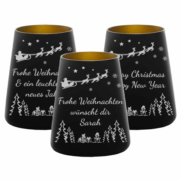 Teelichthalter schwarz-gold 3er Set Weihnachtsmotiv