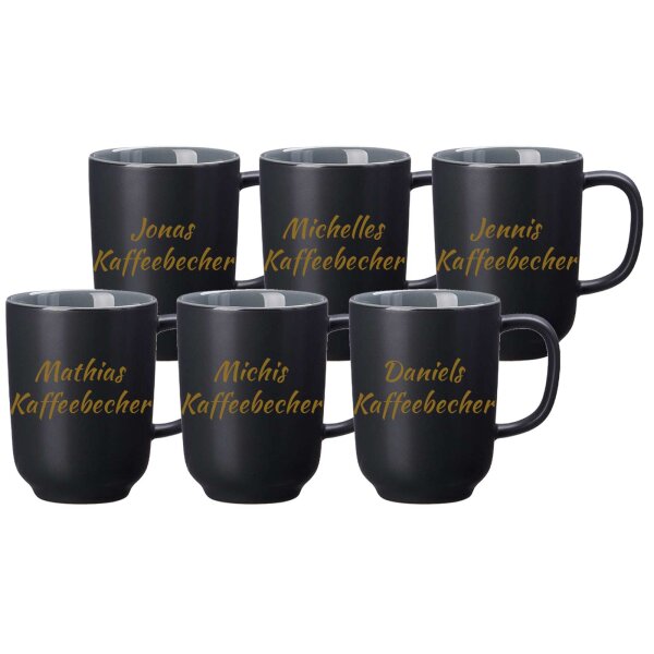 Kaffeebecher Jasper 285 ml mit Text in Goldfarbe 6er Set - Schwarz