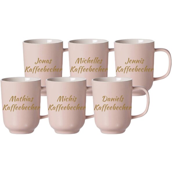 Kaffeebecher Jasper 285 ml mit Text in Goldfarbe 6er Set - Rosa