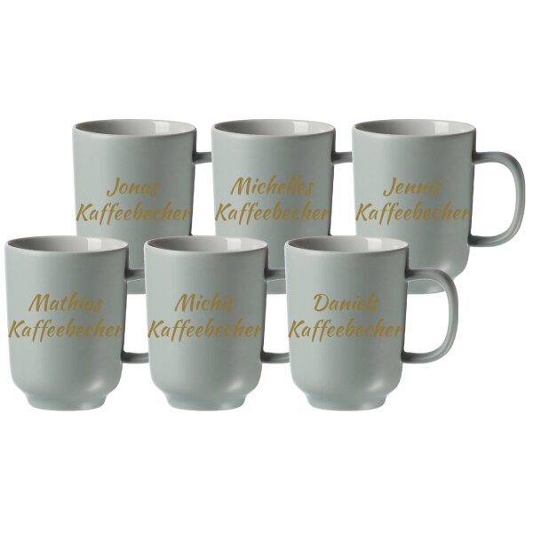 Kaffeebecher Jasper 285 ml mit Text in Goldfarbe 6er Set - Mint