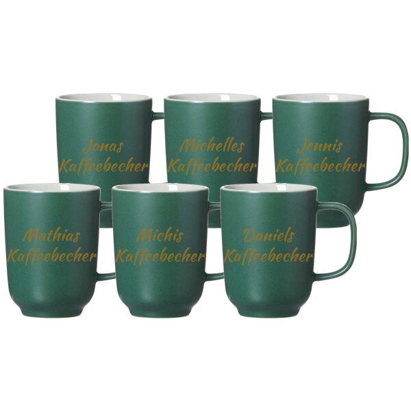 Kaffeebecher Jasper 285 ml mit Text in Goldfarbe 6er Set - Grün