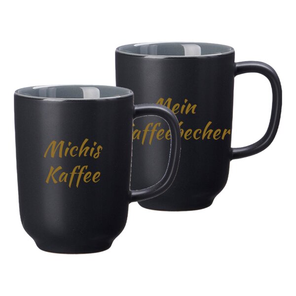 Kaffeebecher Jasper 285 ml mit Text in Goldfarbe 2er Set - Schwarz