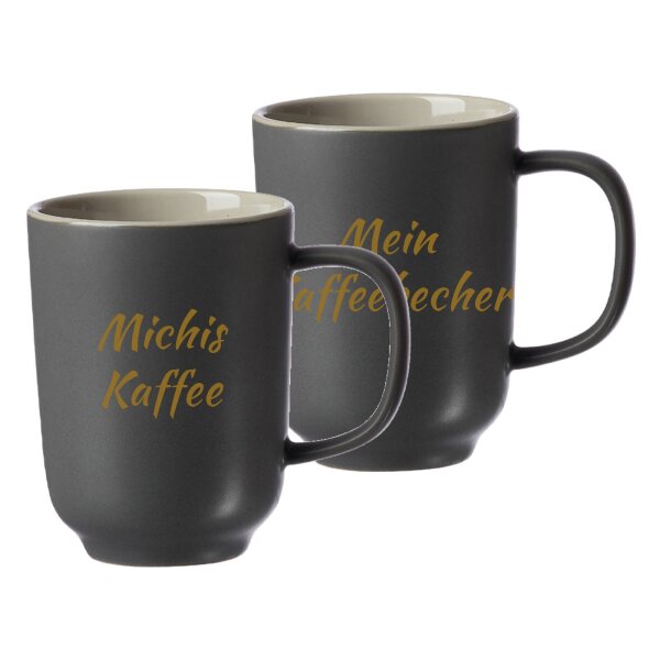 Kaffeebecher Jasper 285 ml mit Text in Goldfarbe 2er Set - Grau