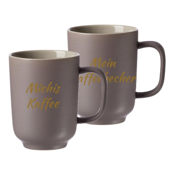 Kaffeebecher Jasper 285 ml mit Text in Goldfarbe 2er Set - Taupe
