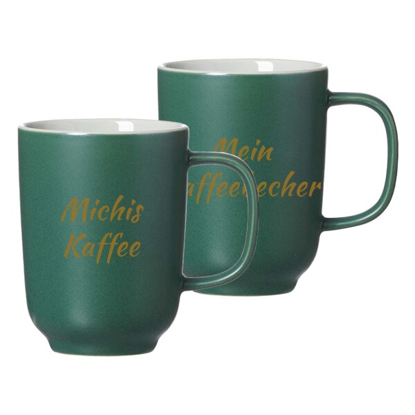Kaffeebecher Jasper 285 ml mit Text in Goldfarbe 2er Set - Grün