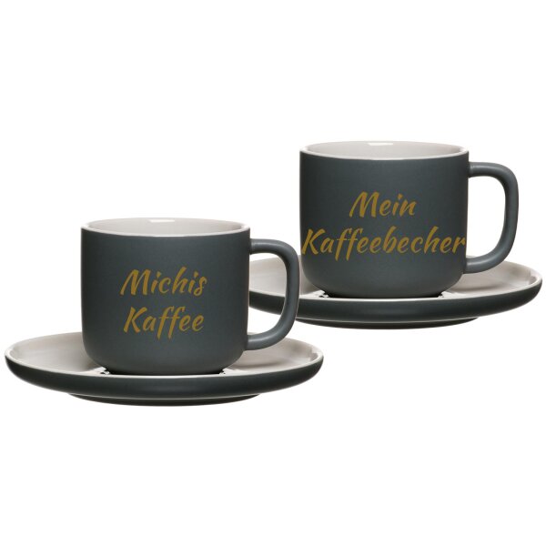 Kaffeetasse mit Untertasse Jasper 200 ml mit Text in Goldfarbe 2er Set - Grau