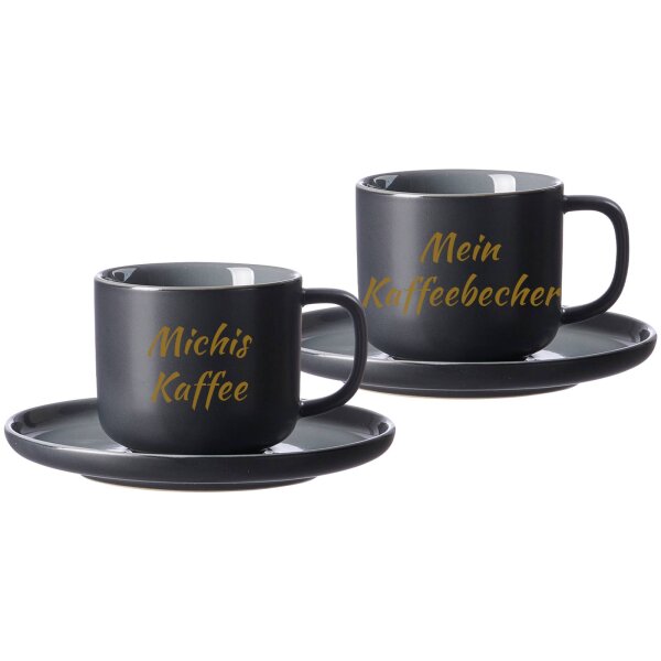 Kaffeetasse mit Untertasse Jasper 200 ml mit Text in Goldfarbe 2er Set - Schwarz