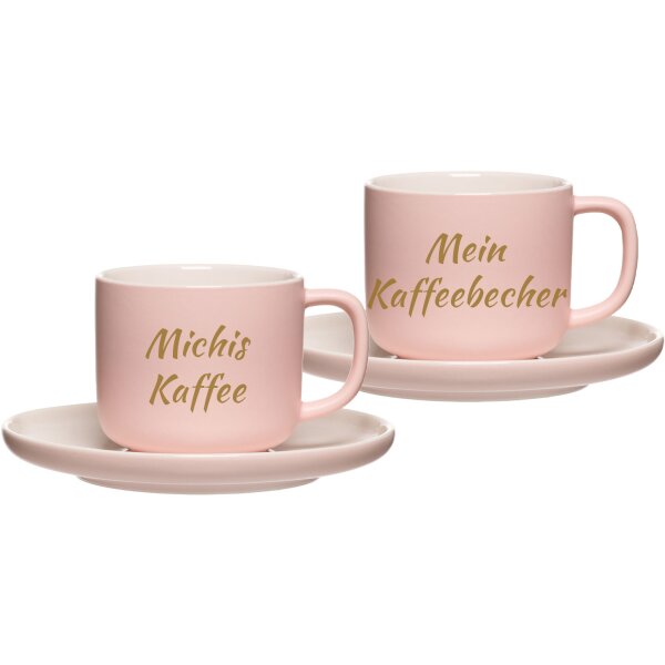 Kaffeetasse mit Untertasse Jasper 200 ml mit Text in Goldfarbe 2er Set - Rosa