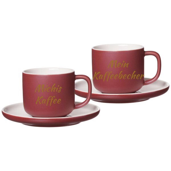 Kaffeetasse mit Untertasse Jasper 200 ml mit Text in Goldfarbe 2er Set - Beere