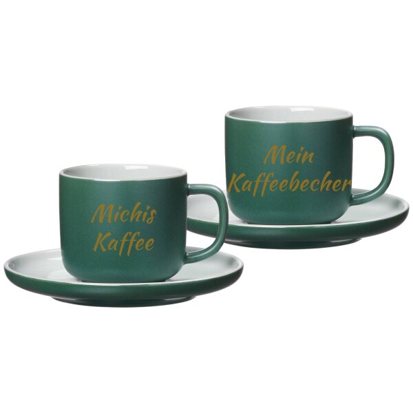 Kaffeetasse mit Untertasse Jasper 200 ml mit Text in Goldfarbe 2er Set - Grün