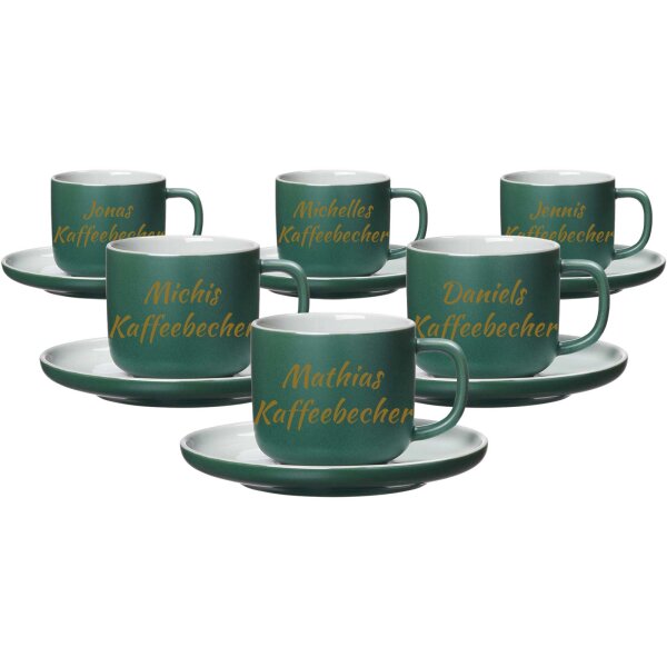 Kaffeetasse mit Untertasse Jasper 200 ml mit Text in Goldfarbe 6er Set - Grün