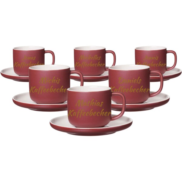 Kaffeetasse mit Untertasse Jasper 200 ml mit Text in Goldfarbe 6er Set - Beere