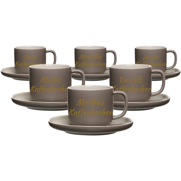 Kaffeetasse mit Untertasse Jasper 200 ml mit Text in Goldfarbe 6er Set - Taupe