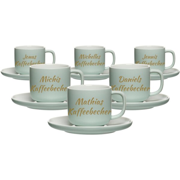 Kaffeetasse mit Untertasse Jasper 200 ml mit Text in Goldfarbe 6er Set - Mint
