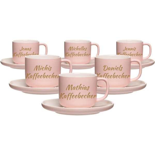 Kaffeetasse mit Untertasse Jasper 200 ml mit Text in Goldfarbe 6er Set - Rosa