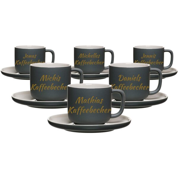 Kaffeetasse mit Untertasse Jasper 200 ml mit Text in Goldfarbe 6er Set - Grau