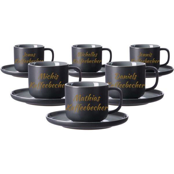 Kaffeetasse mit Untertasse Jasper 200 ml mit Text in Goldfarbe 6er Set - Schwarz