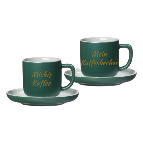 Espressotasse mit Untertasse Jasper 90 ml mit Text in Goldfarbe 2er Set - Grün