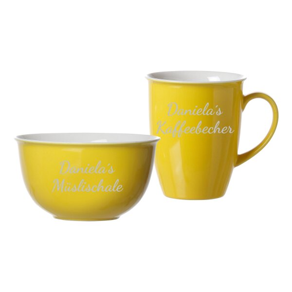 Gravur Doppio Müslischale & Kaffeebecher mit Namen in Silbergravur - Gelb
