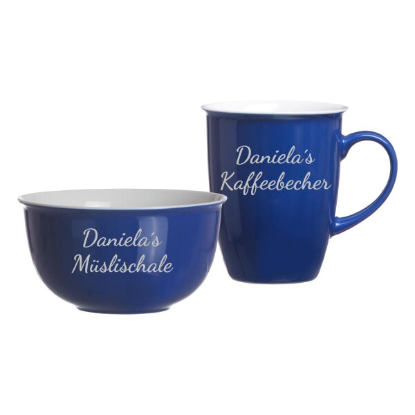 Gravur Doppio Müslischale & Kaffeebecher mit Namen in Silbergravur - Indigo Blau