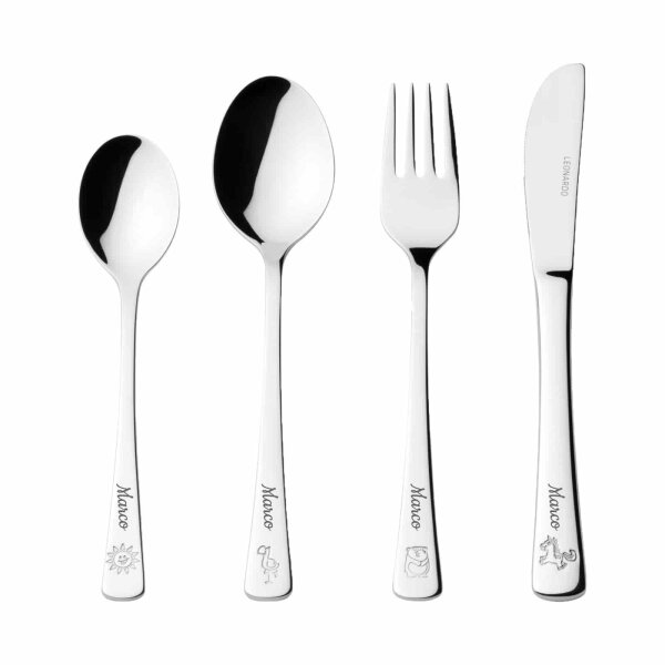Personalisiertes Kinderbesteckset Bambini 4-teilig Panda, Einhorn, Flamingo