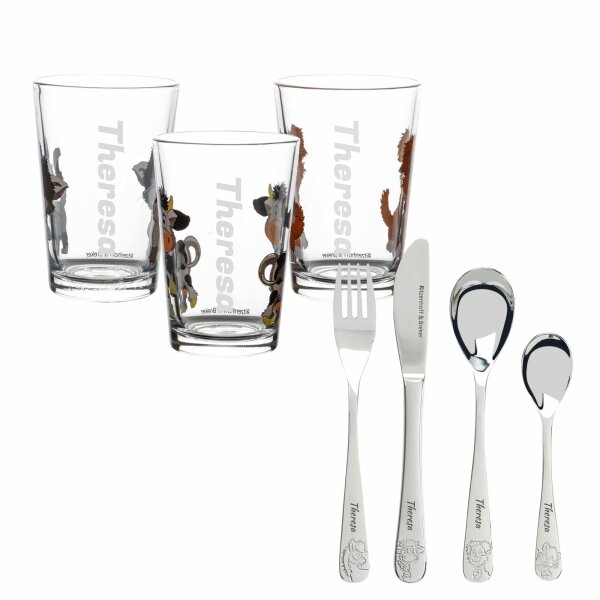 Personalisiertes Set Hoftiere 3x Kinderbecher inkl. 4-tlg. Kinderbesteck