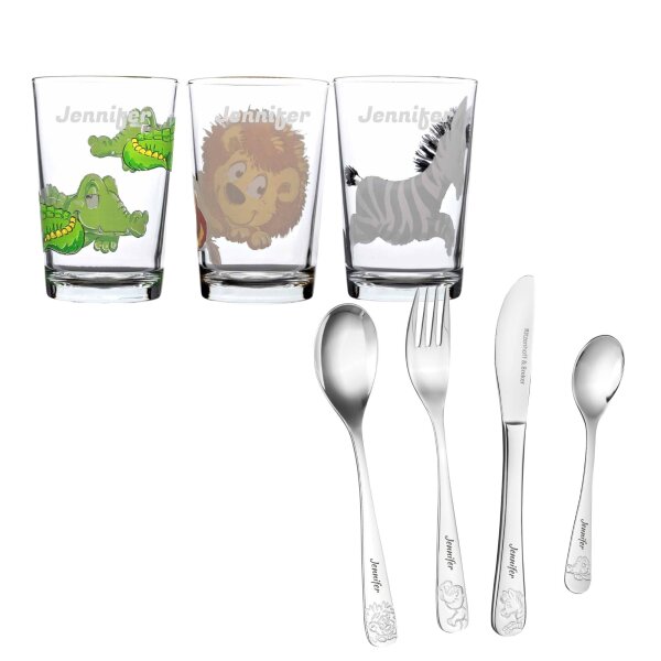 Personalisiertes Set Happy Zoo 3x Kinderbecher inkl. 4-tlg. Kinderbesteck