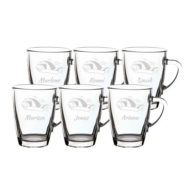 Luxentu - Gravur Glasbecher Kaffeebecher 300 ml  - Prinzenmütze 6 Stück