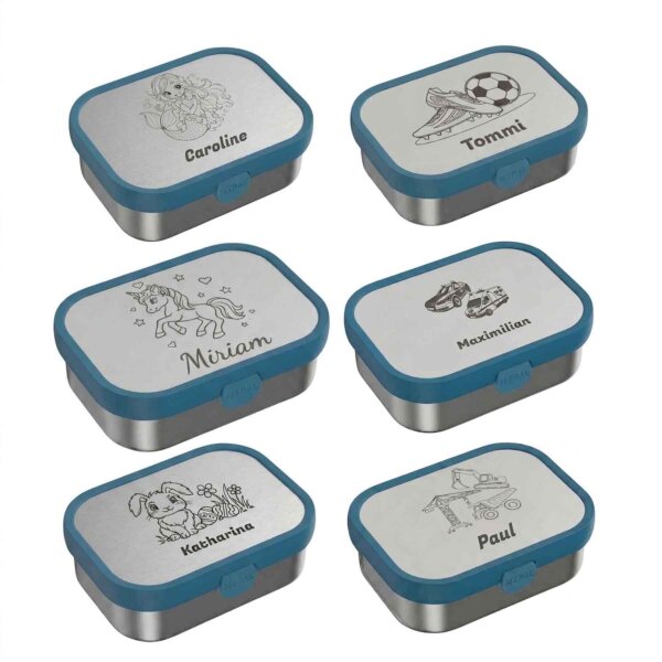 Edelstahl-Brotdose Campus mit Gabel - Cool Blue - Verschiedene Motive für Kinder